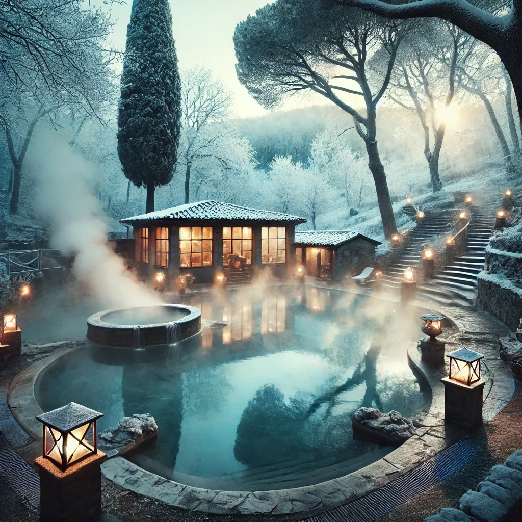 A thermal spa in Tuscany during winter, with steaming hot water surrounded by natural beauty and a tranquil atmosphere.