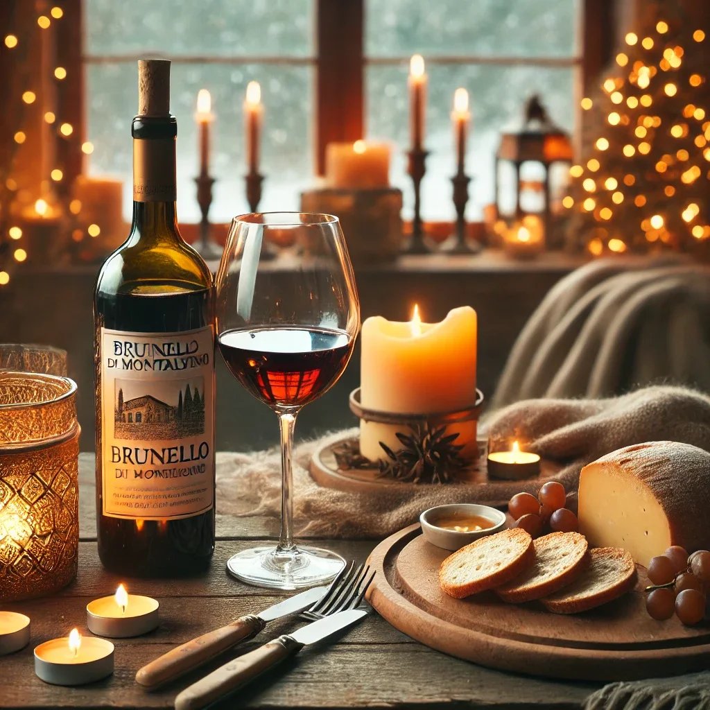 A cozy winter wine tasting in Tuscany, featuring a Brunello di Montalcino bottle, glasses, and a rustic wooden table with seasonal decorations.