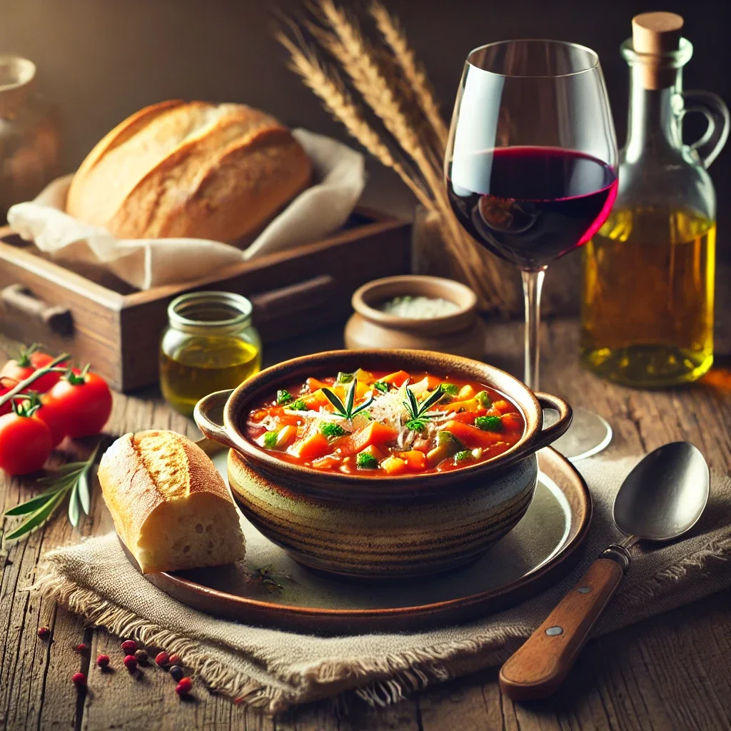 traditional Tuscan ribollita soup served in a rustic bowl, paired with a glass of Chianti Classico wine, on a wooden table.