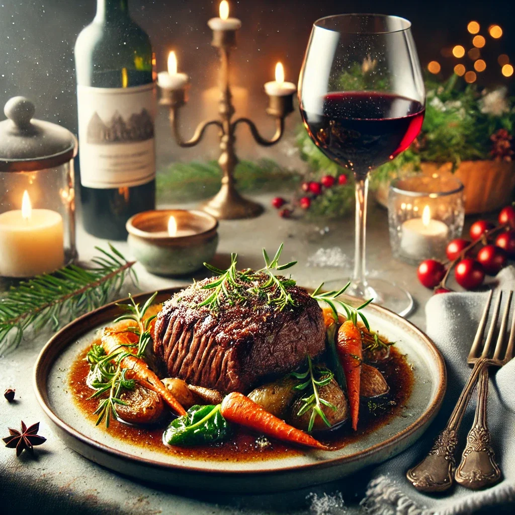 Braised beef cooked with Barolo wine, served with herbs and vegetables, alongside a glass of Barolo, on an elegant dining table.