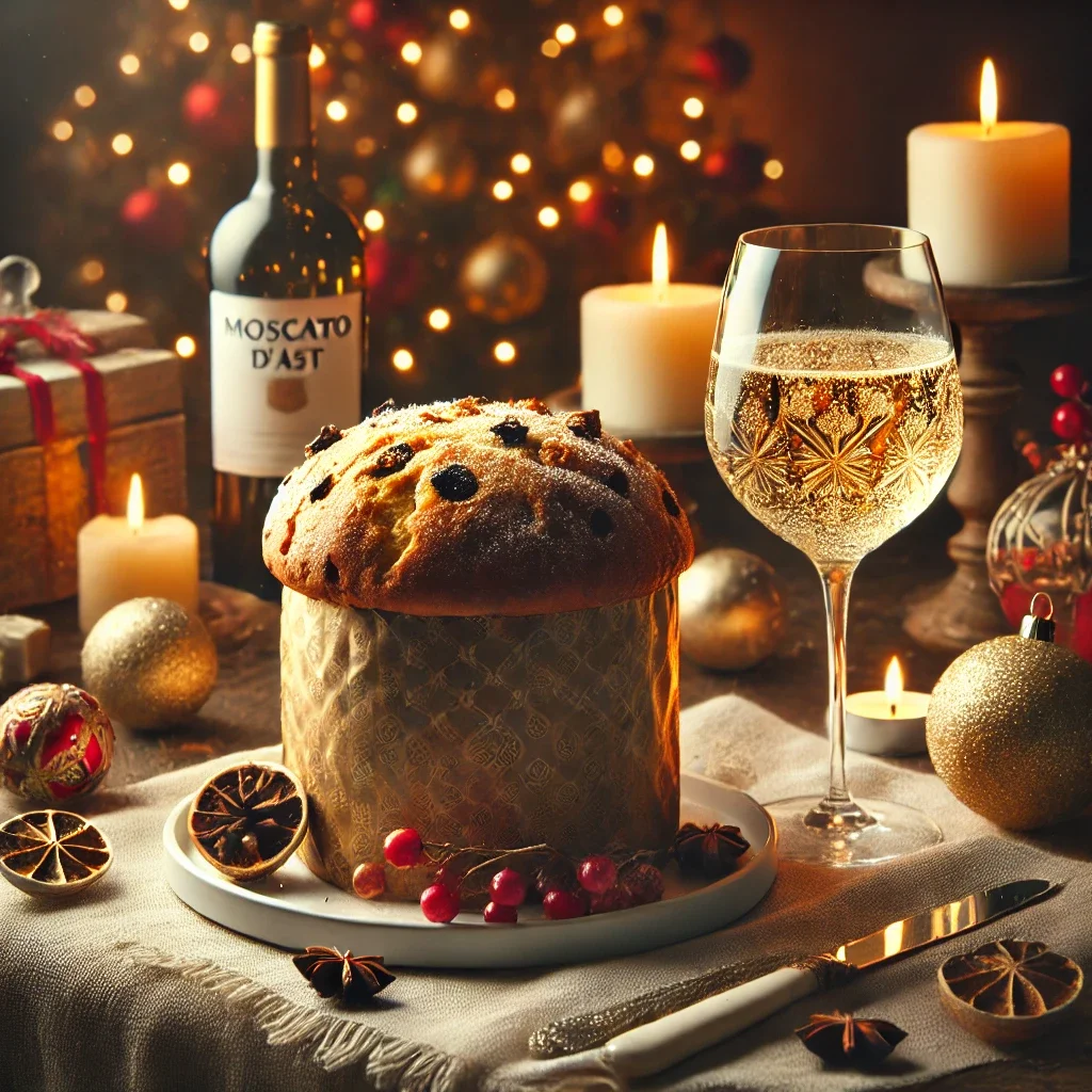 A festive Italian panettone cake with a glass of Moscato d’Asti, surrounded by holiday decorations on a cozy table.