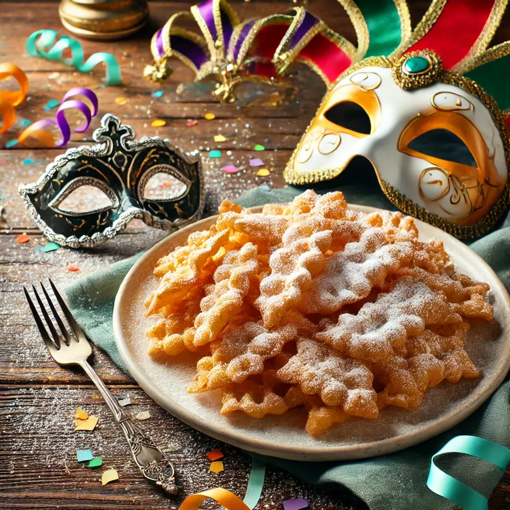 A plate of crispy chiacchiere dusted with powdered sugar, a traditional Italian Carnival dessert.