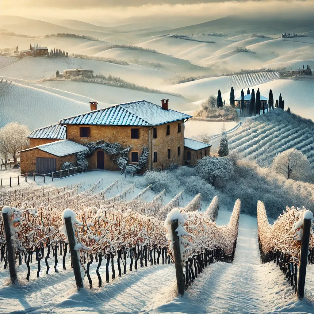 A snowy vineyard in Chianti, Tuscany, with snow-covered grapevines and rolling hills in the background.