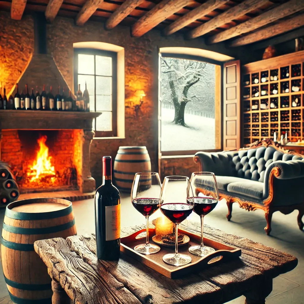 A cozy Tuscan winery interior in Chianti during winter, with glasses of red wine and a fireplace in the background.