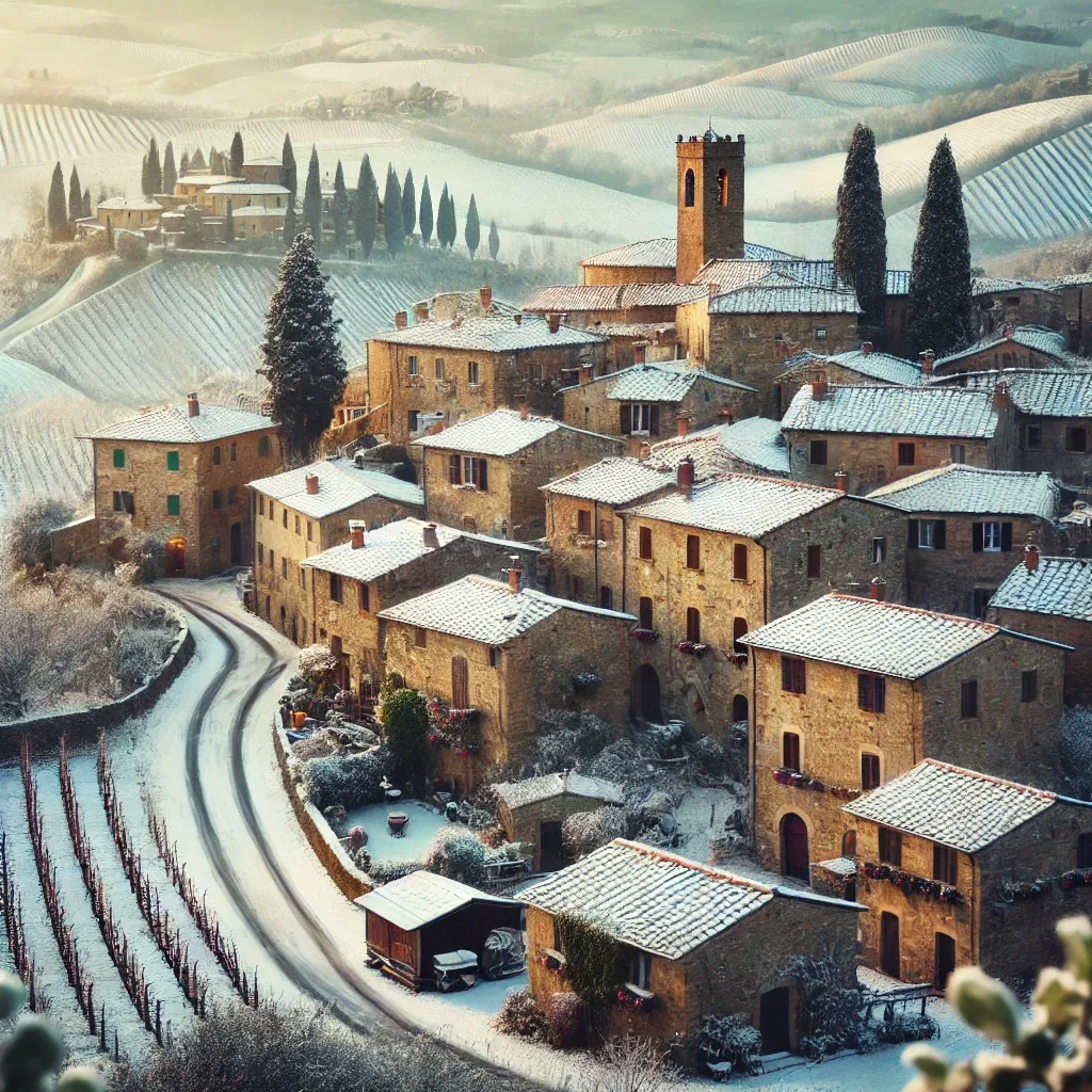 A snow-covered medieval village in Chianti, Tuscany, with stone houses and snowy vineyards in the distance.