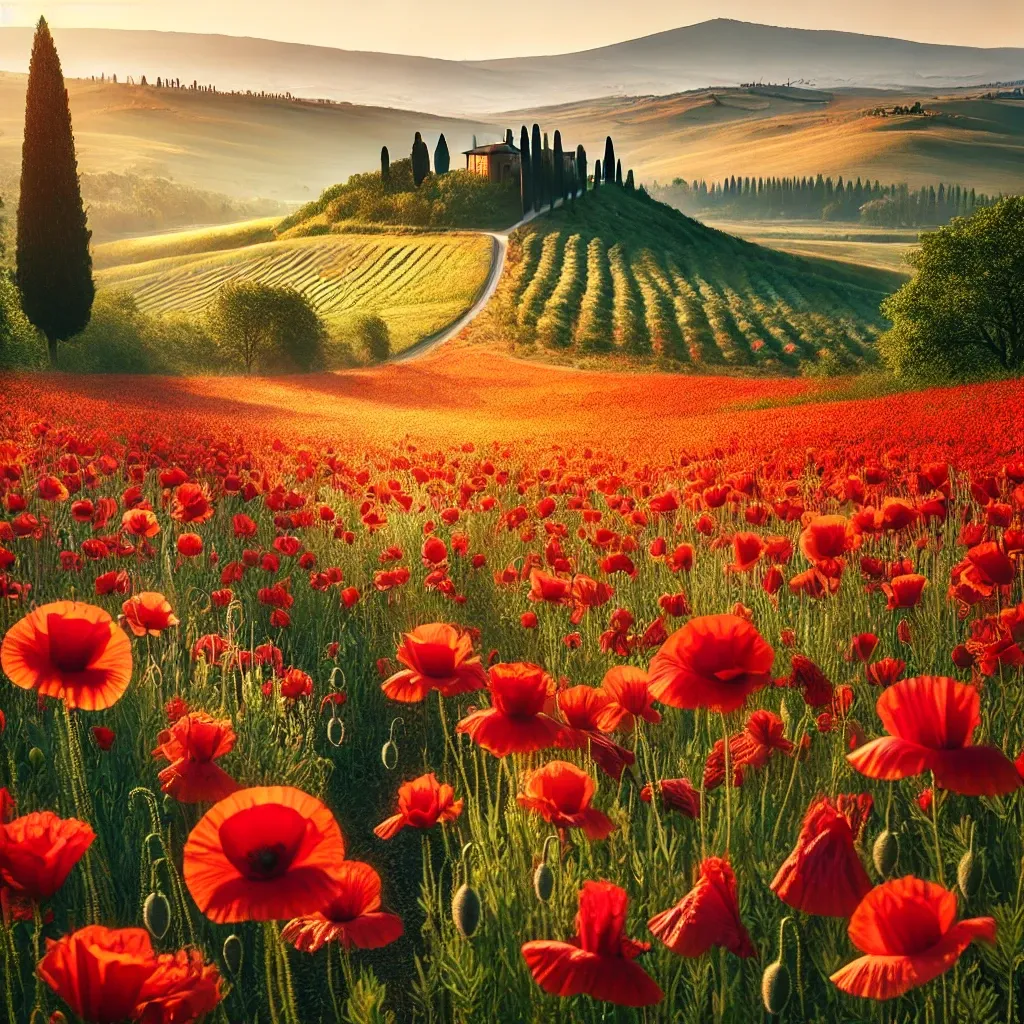 A field of vibrant red poppies in Tuscany, Italy, during spring, with rolling hills and cypress trees in the background.