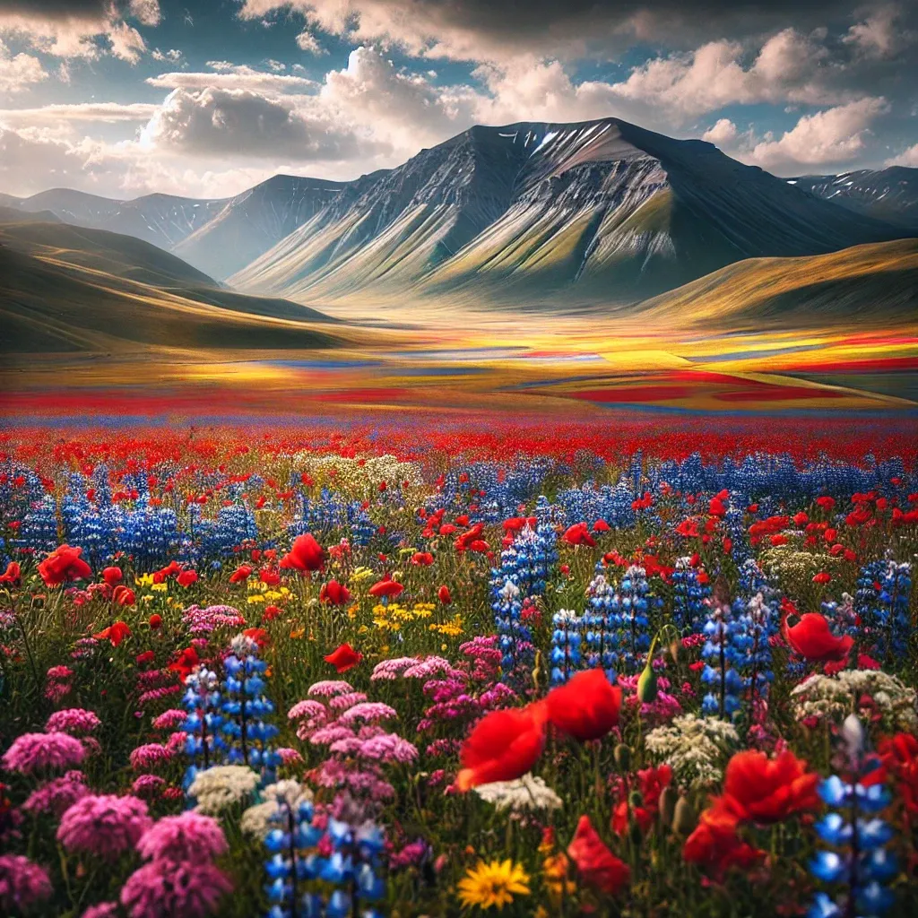 A high plateau in Castelluccio di Norcia, Umbria, during spring, showcasing a colorful tapestry of wildflowers in red, blue, and yellow.