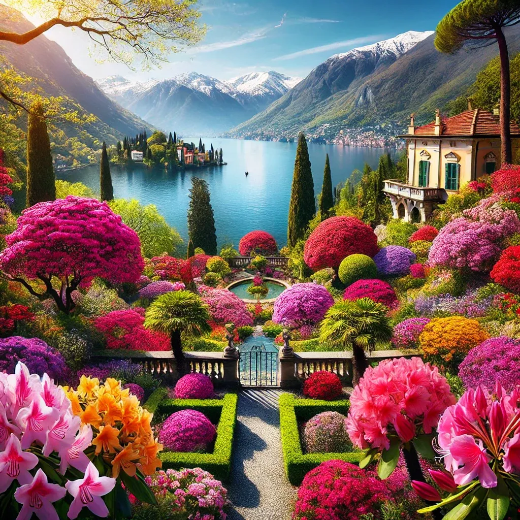 The gardens of Villa Carlotta on Lake Como, Italy, in spring, with blooming azaleas and rhododendrons, and a view of the sparkling lake and snow-capped mountains.