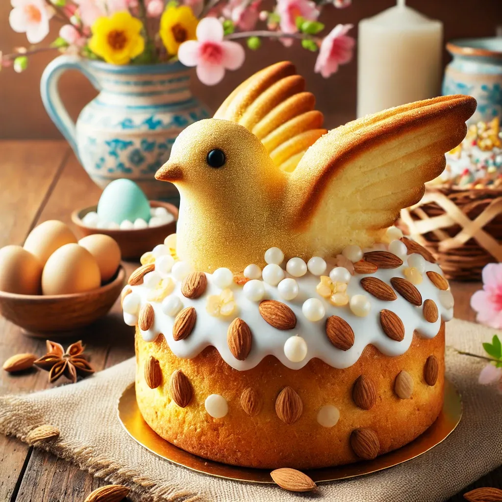 A traditional Italian Easter dessert, the Colomba Pasquale, displayed on a wooden table with spring flowers and Easter decorations.