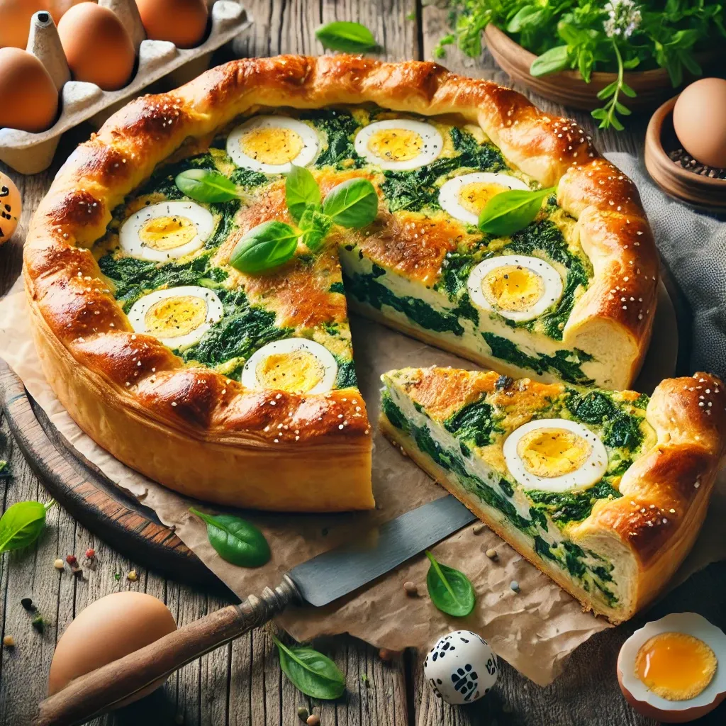 A savory Italian Easter pie, the Torta Pasqualina, sliced to show layers of puff pastry, spinach, ricotta, and whole baked eggs.