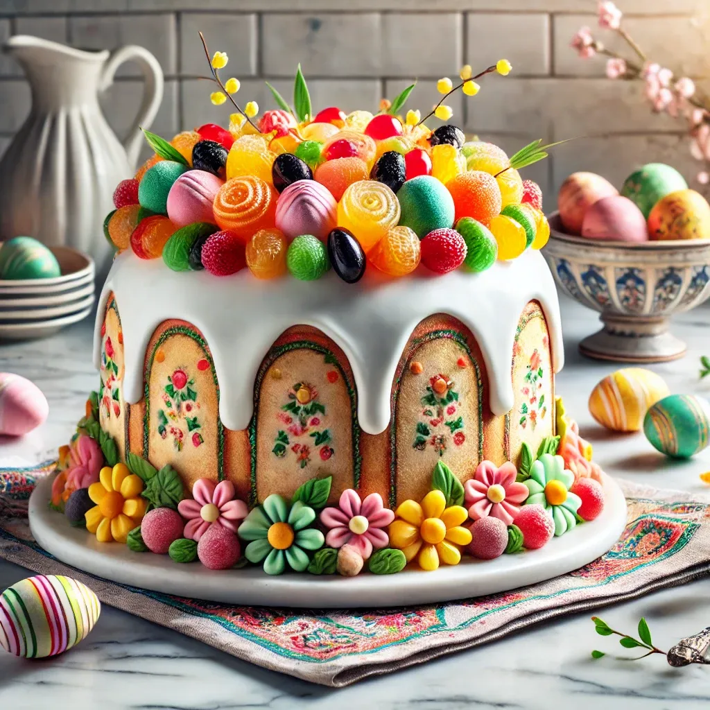 A beautifully decorated Cassata Siciliana, an Italian Easter dessert, adorned with colorful candied fruit and marzipan.