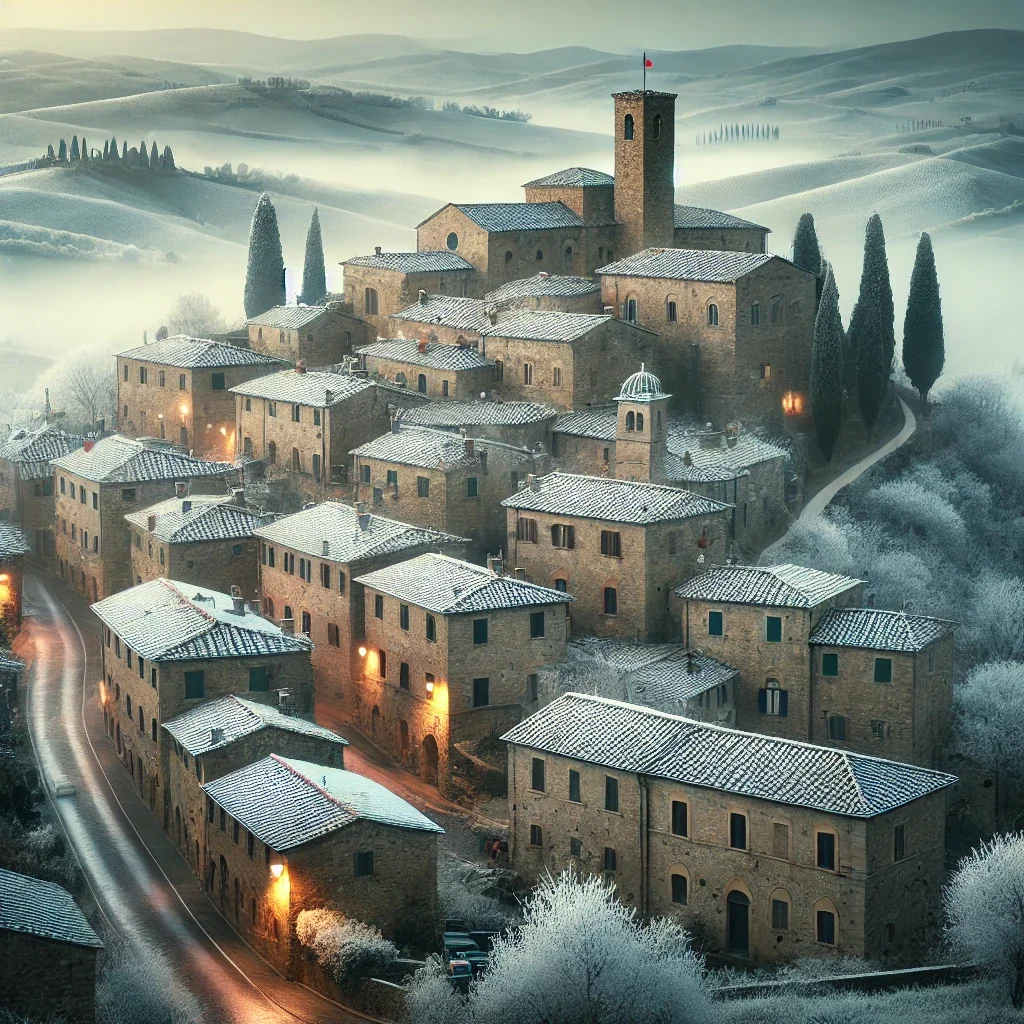 A Tuscan village in winter, with medieval buildings surrounded by rolling hills and a peaceful, foggy atmosphere.