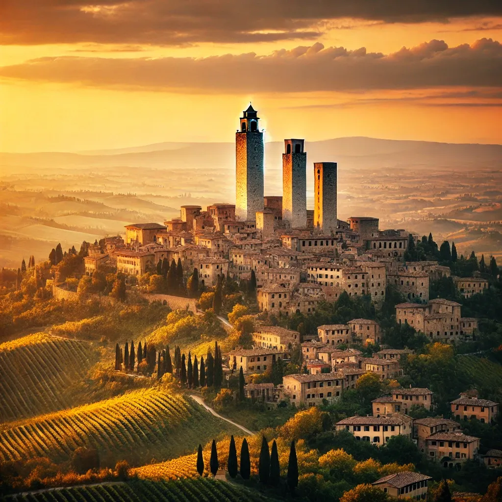 San Gimignano’s medieval towers illuminated by a stunning Tuscan sunset.