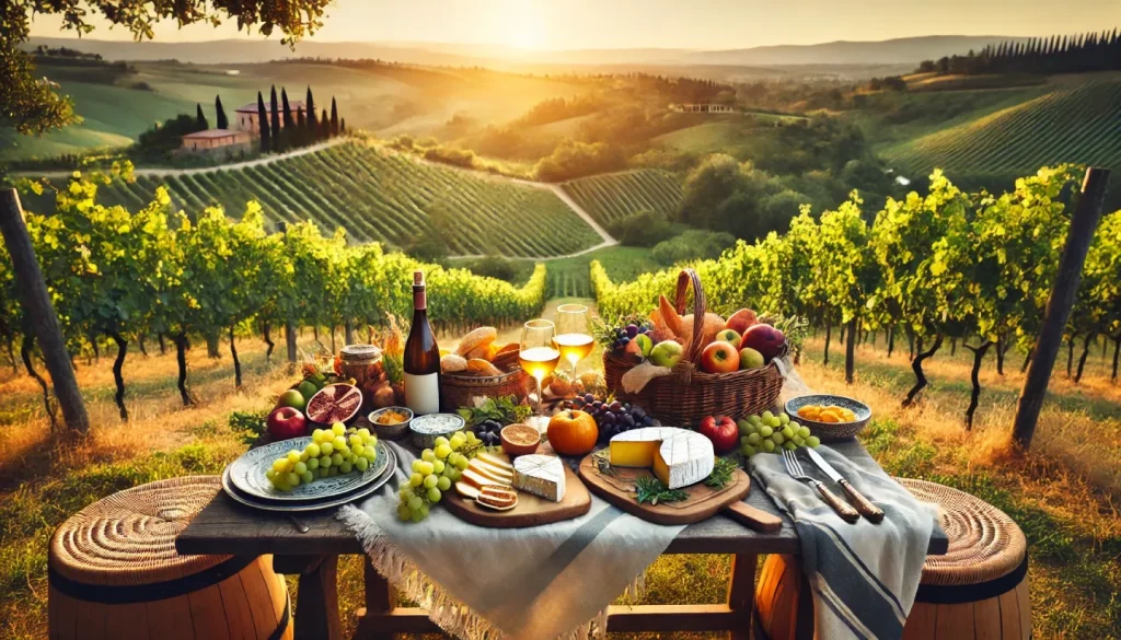 Rustic outdoor table among Tuscan vineyards, set with fresh fruit, artisan breads and cheeses. The setting sun illuminates the scene, creating a warm and welcoming atmosphere surrounded by nature. 
