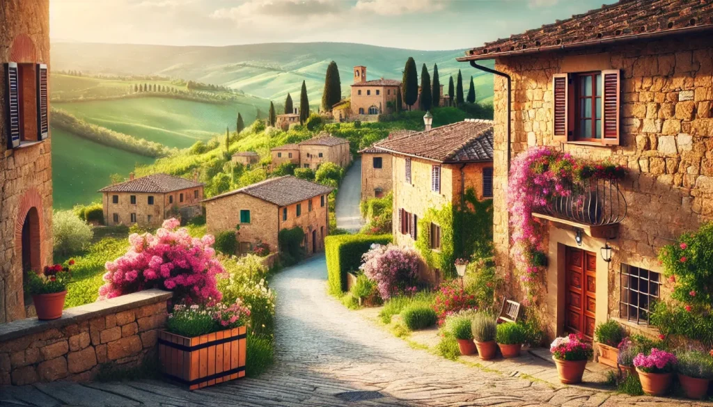 Tuscan village in spring with flower-filled cobblestone streets, rustic stone houses with wooden shutters and green hills in the background.