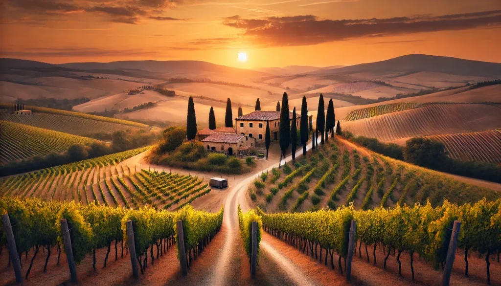 Vineyard in Bolgheri, Tuscany, with rows of vines on rolling hills at sunset. A stone farmhouse sits among the rows, with a sky of warm orange and pink tones. 
