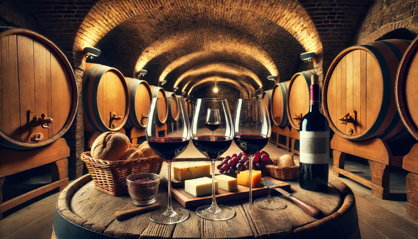 Tavolo in una cantina toscana con calici di vino rosso Super Tuscan, un cestino di pane e formaggi. Sullo sfondo, grandi botti di legno all'interno di una cantina in pietra.