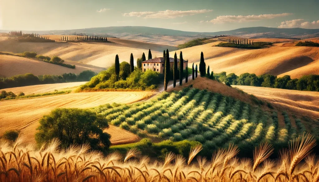 Panoramica della campagna toscana con dolci colline verdi, campi di grano dorati e un casale in pietra circondato da cipressi sotto un cielo azzurro.
