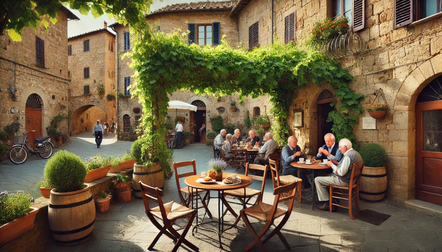 Un caratteristico caffè all’aperto in un piccolo borgo toscano con tavolini in legno sotto una pergola di viti. Alcuni locali sorseggiano espresso e gustano dolci, immersi in un’atmosfera accogliente tra edifici in pietra con balconi fioriti.