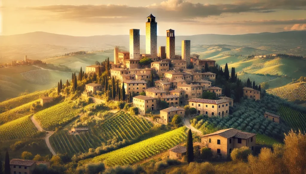 Vista panoramica di San Gimignano, con le sue torri medievali che si stagliano sopra le colline verdi ricoperte di vigneti e uliveti, illuminate dalla luce dorata del tramonto.