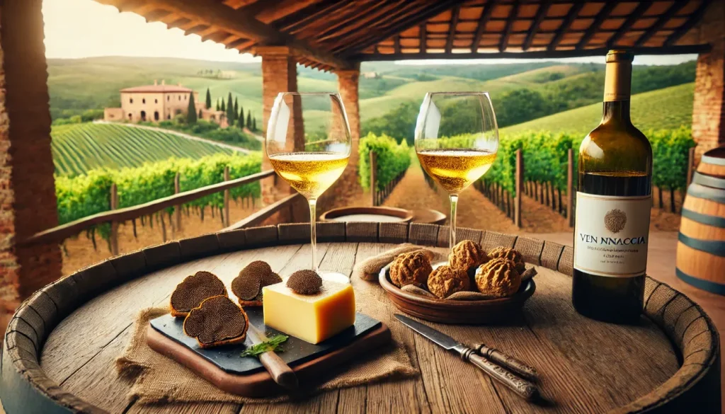 Tavolo rustico all'aperto con calici di Vernaccia di San Gimignano, piatti di formaggi al tartufo e bruschette, con una vista mozzafiato sui vigneti della Toscana.