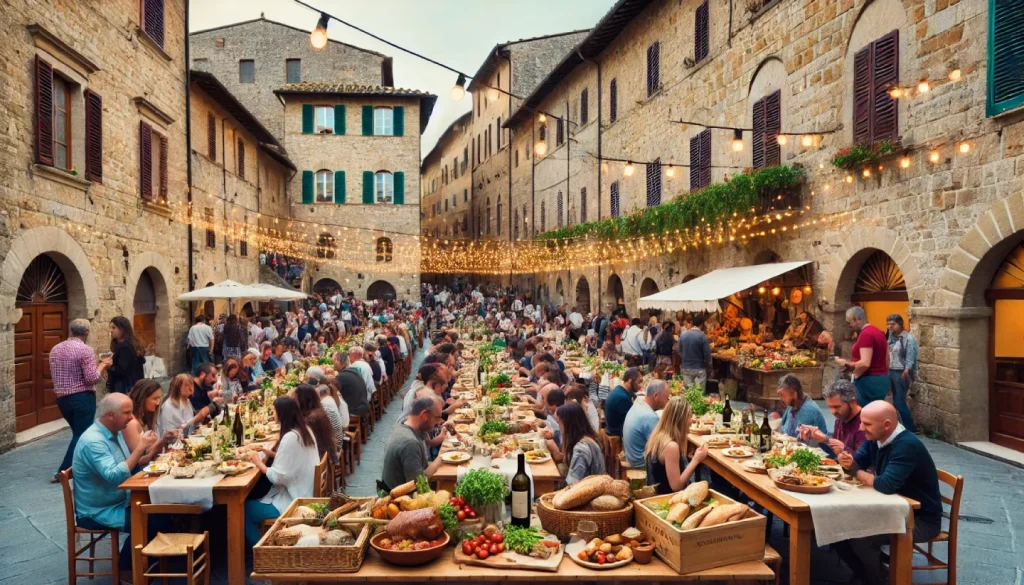 Una vivace sagra gastronomica in un borgo medievale toscano, con persone che gustano piatti tipici a lunghe tavolate, bancarelle colorate con prodotti locali e strade decorate con luci e bandiere festive.