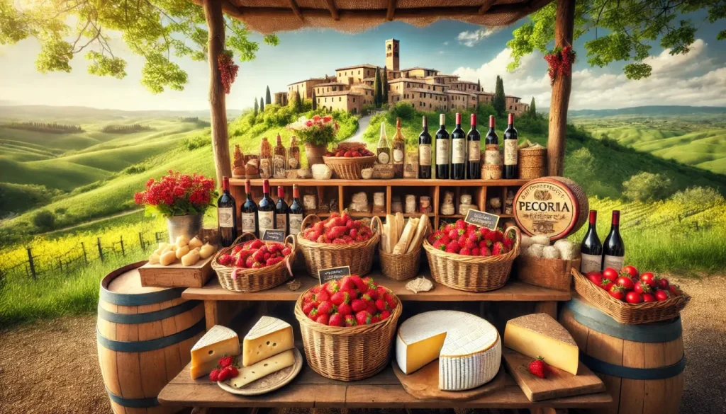 Un rustico stand gastronomico a una sagra primaverile in Toscana, con cestini di fragole fresche, forme di pecorino e bottiglie di vino locale, ambientato in un pittoresco borgo con colline verdi sullo sfondo.