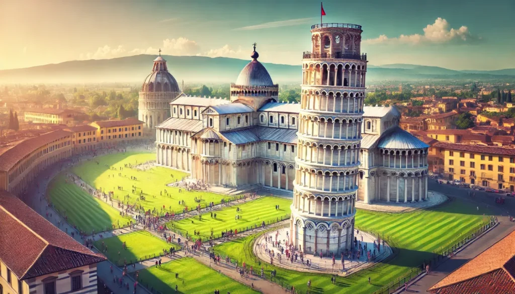 Veduta panoramica della Torre di Pisa con la Cattedrale e il Battistero nella Piazza dei Miracoli, illuminati dal sole sotto un cielo azzurro, con turisti che ammirano il celebre monumento.