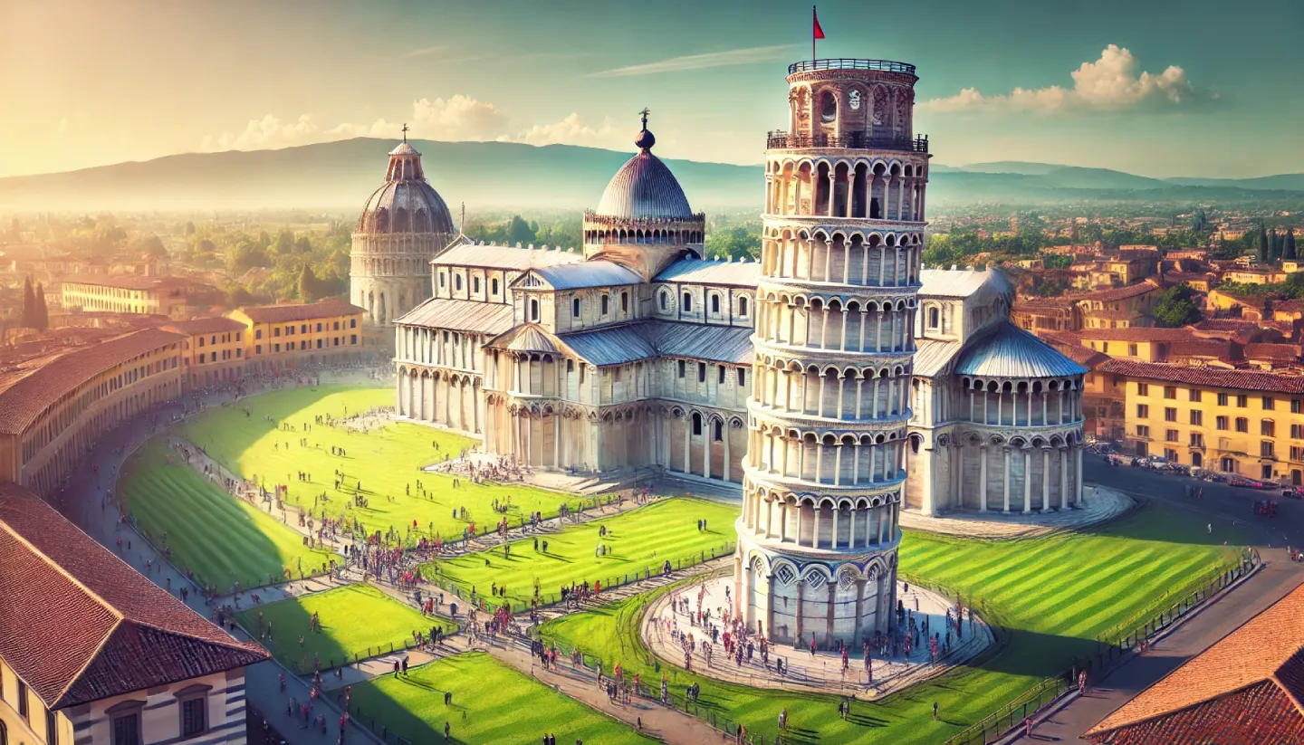 Veduta panoramica della Torre di Pisa con la Cattedrale e il Battistero nella Piazza dei Miracoli, illuminati dal sole sotto un cielo azzurro, con turisti che ammirano il celebre monumento.