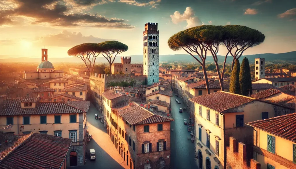 Scorcio suggestivo di Lucca con le antiche mura cittadine e la Torre Guinigi caratterizzata dagli alberi sulla sommità, circondata da edifici storici e strade acciottolate sotto la luce calda del sole.