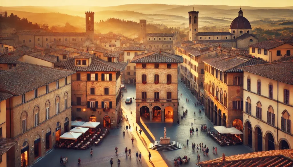 Veduta panoramica di Piazza Grande ad Arezzo, con i suoi edifici medievali e rinascimentali illuminati dalla luce dorata del sole. Persone passeggiano e si godono l'atmosfera autentica del centro storico.