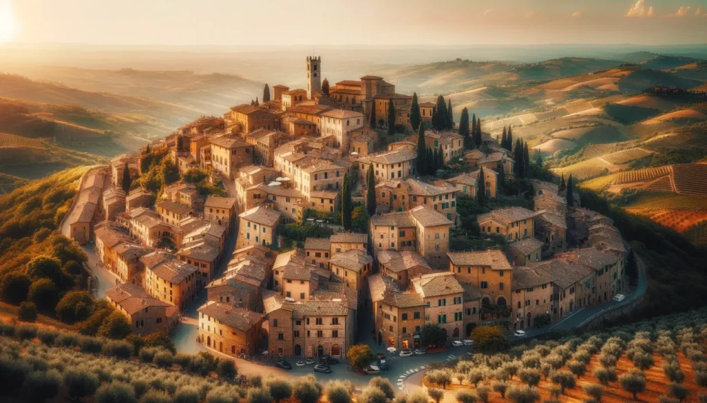 Scorcio suggestivo di Cortona, arroccata su una collina, con i suoi edifici in pietra medievale e tetti in terracotta. In lontananza, vigneti e uliveti si estendono fino all'orizzonte sotto il sole toscano.