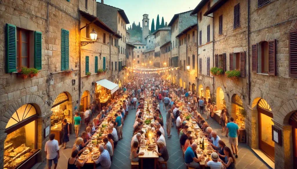 Una vivace festa estiva in un borgo medievale toscano, con persone che cenano a lunghe tavolate all’aperto, musicisti che suonano per le strade illuminate e edifici storici decorati con bandiere colorate.