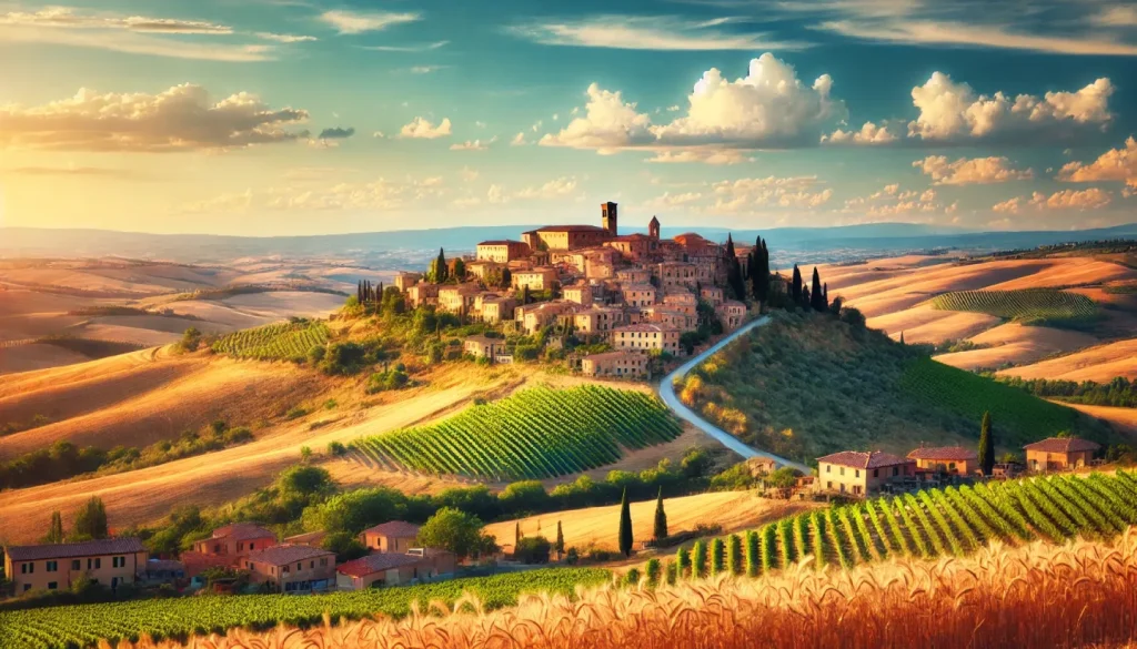Vista panoramica di un borgo toscano arroccato su una collina, circondato da vigneti verdi e campi dorati di grano sotto un cielo azzurro. Il sole estivo illumina le case in pietra con tetti in terracotta, creando un’atmosfera rilassante.