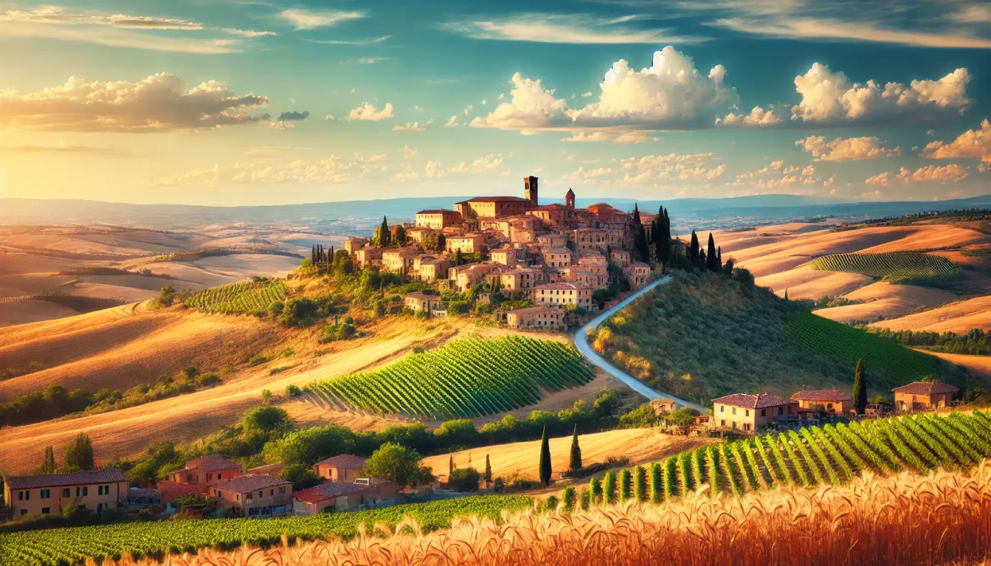 Vista panoramica di un borgo toscano arroccato su una collina, circondato da vigneti verdi e campi dorati di grano sotto un cielo azzurro. Il sole estivo illumina le case in pietra con tetti in terracotta, creando un’atmosfera rilassante.