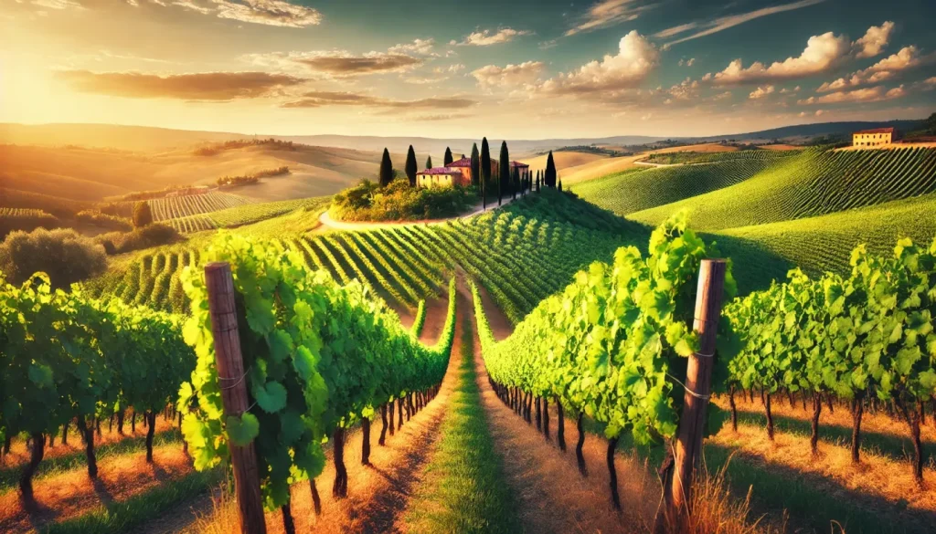 Paesaggio di un vigneto toscano in estate, con filari di vite che si estendono sulle colline ondulate sotto un cielo azzurro limpido. Sullo sfondo, una tipica casa colonica aggiunge fascino al panorama.