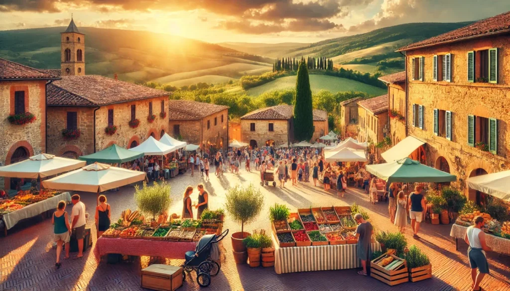 Un mercato all’aperto in un borgo italiano durante l’estate, con bancarelle di prodotti tipici, artigianato locale e specialità gastronomiche. Persone passeggiano tra i banchi mentre il sole al tramonto illumina le colline sullo sfondo.