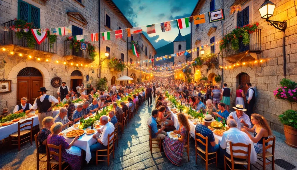 A lively summer festival in an Italian village at night, with people dining at long tables outside, colorful lights and decorations, street musicians, and a festive atmosphere among historic stone buildings.