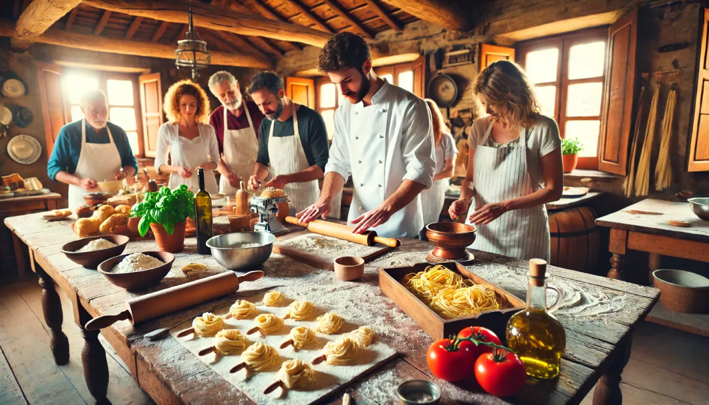 Una lezione di cucina toscana in una cucina rustica di un casale, con un gruppo di persone guidato da uno chef che prepara pasta fresca su tavoli di legno. Farina, ingredienti freschi come pomodori e basilico e il calore del sole che entra dalle finestre creano un’atmosfera autentica e accogliente.