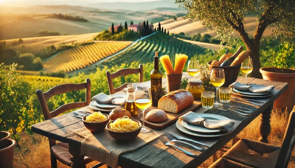 A cozy outdoor Tuscan table set up with crusty bread, extra virgin olive oil, homemade pasta and glasses of wine. All is nestled in a rustic setting overlooking the Tuscan hills and vineyards, under the warm golden light of sunset. 