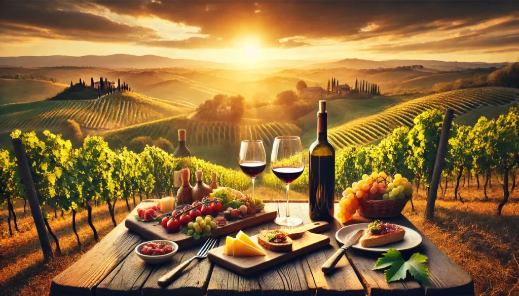 Una romantica esperienza di degustazione di vino in un vigneto toscano al tramonto. Un tavolo rustico in legno è apparecchiato con calici di vino rosso, un tagliere di formaggi e bruschette. Le colline toscane si estendono all'orizzonte, illuminate dalla calda luce dorata del tramonto.