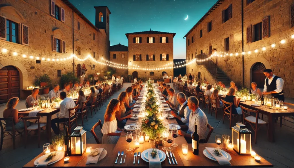 An elegant outdoor dinner in a square of a medieval Tuscan village, lit by candles and soft lighting. A long wooden table is decorated with gourmet dishes and wine glasses, while the historic stone houses and lights create a magical and welcoming atmosphere.