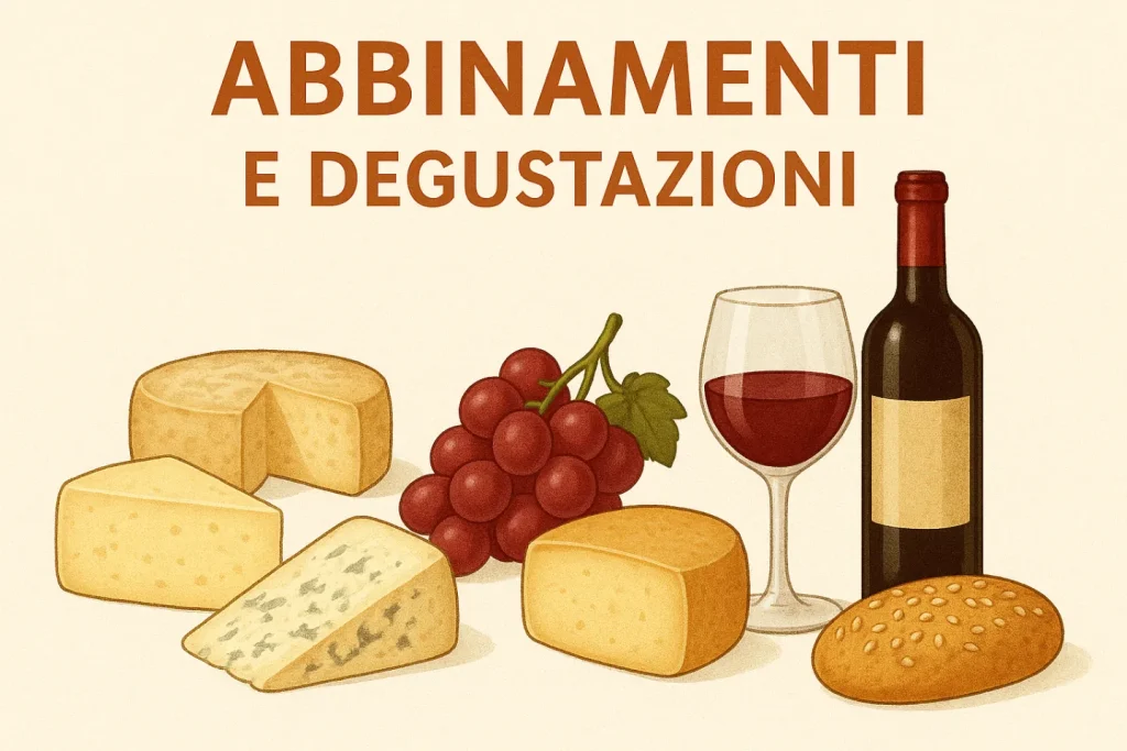 Illustrazione di formaggi, vino rosso, pane e uva per accompagnare la degustazione di formaggi italiani.