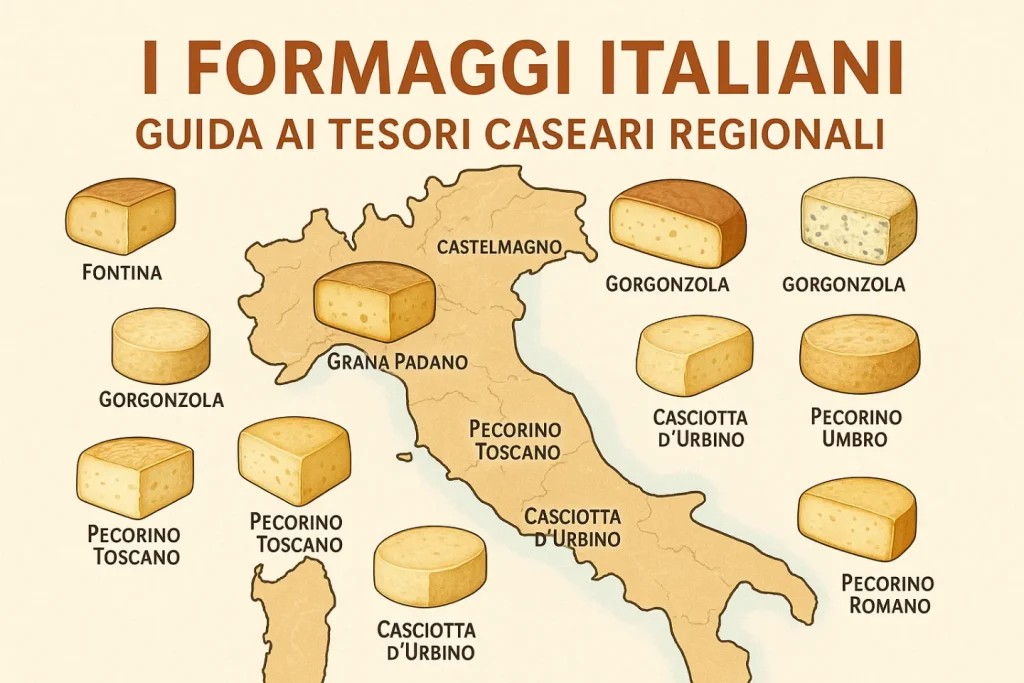 Cartina dell’Italia illustrata con formaggi regionali italiani tra cui Castelmagno, Montasio, Casciotta d’Urbino e Pecorino Toscano.