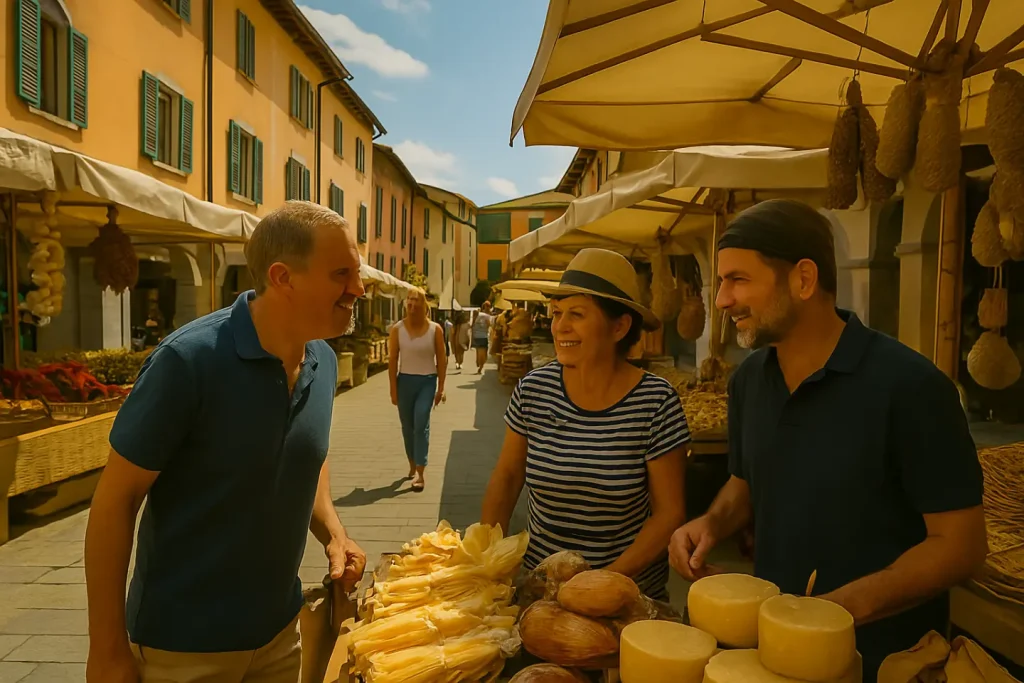 Three smiling people converse in front of a cheese and local produce stall in a typical Italian outdoor market, nestled among historic buildings and convivial atmosphere.
