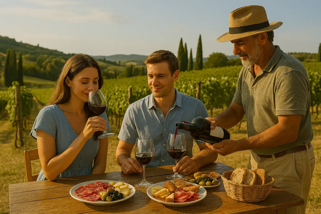 Due visitatori partecipano a una degustazione di vini in una cantina toscana, con un sommelier che versa vino rosso e un tavolo imbandito con salumi, formaggi e pane, immersi tra i vigneti.