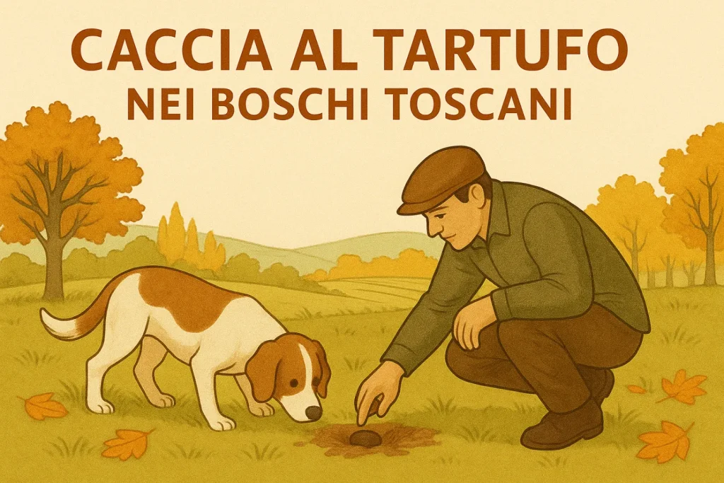 Illustrazione di un tartufaio con cane nei boschi toscani in autunno durante una caccia al tartufo.