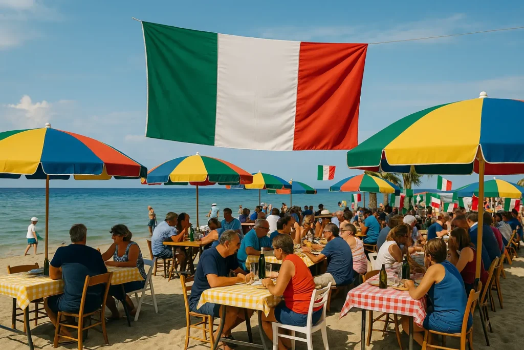 Famiglie riunite in spiaggia per il pranzo di Ferragosto, sedute sotto ombrelloni colorati e bandiere italiane, godendosi il sole e la convivialità a pochi metri dal mare.