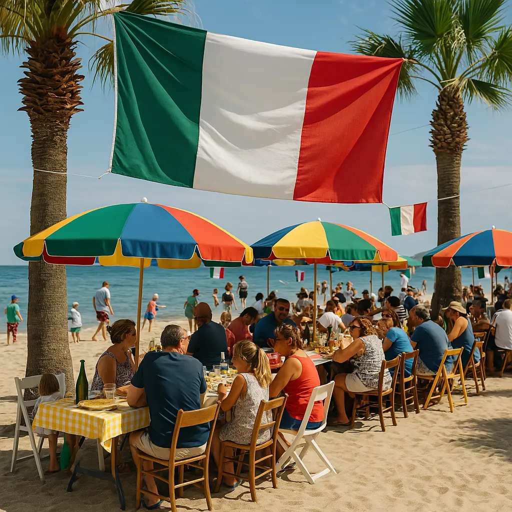 Persone che celebrano Ferragosto nella campagna toscana, sedute a lunghe tavolate imbandite all’aperto tra vigneti e colline, decorate con bandiere italiane al tramonto.