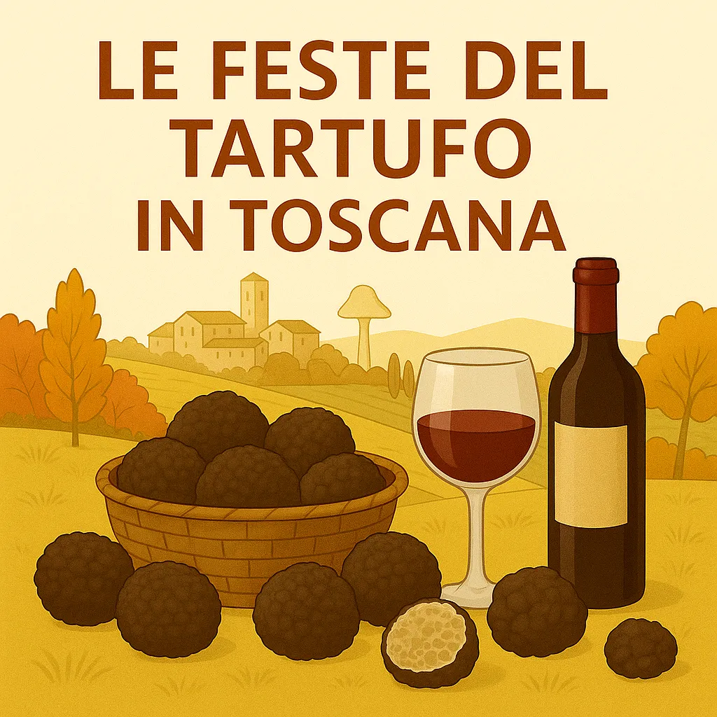 Illustrazione autunnale con tartufi neri, vino rosso e paesaggio toscano sullo sfondo, dedicata alle feste del tartufo in Toscana.
